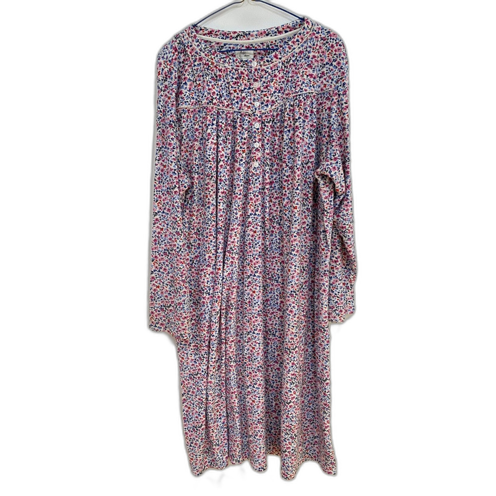 Aria Collection Pink Blue Floral Fleece Nightgown XL Long Sleeve SOFT Gown WARM